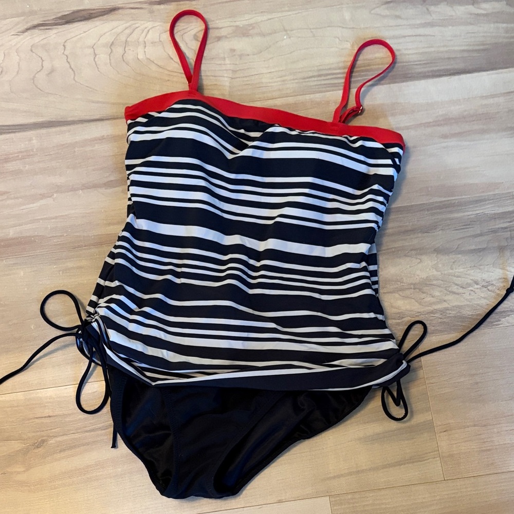 Lands End Slimming Stripped Black & White One-Piece Swimsuit with Red Trim